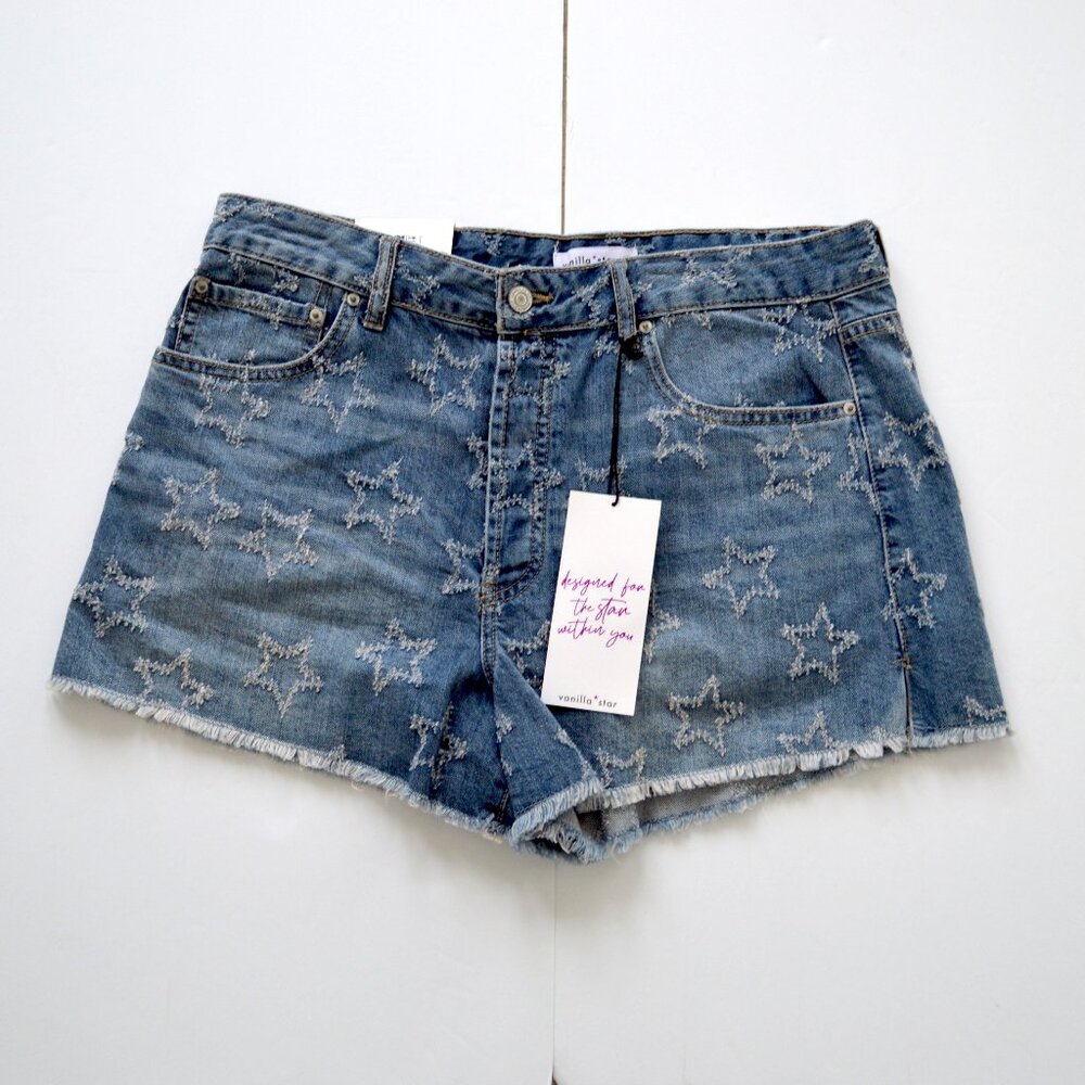 Vanilla Star jeans denim shorts woman size 30/ 11 embroiled medium  blue new